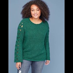 🆕NEW! Lattice-Sleeve Textured Sweater Teal Green